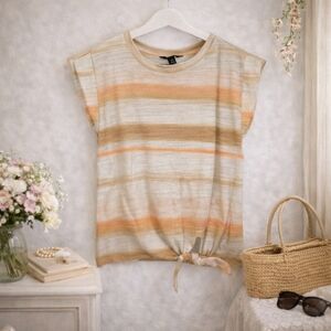 Vera Wang Neutral Striped Tie Front Tee Boho Casual Spring Top